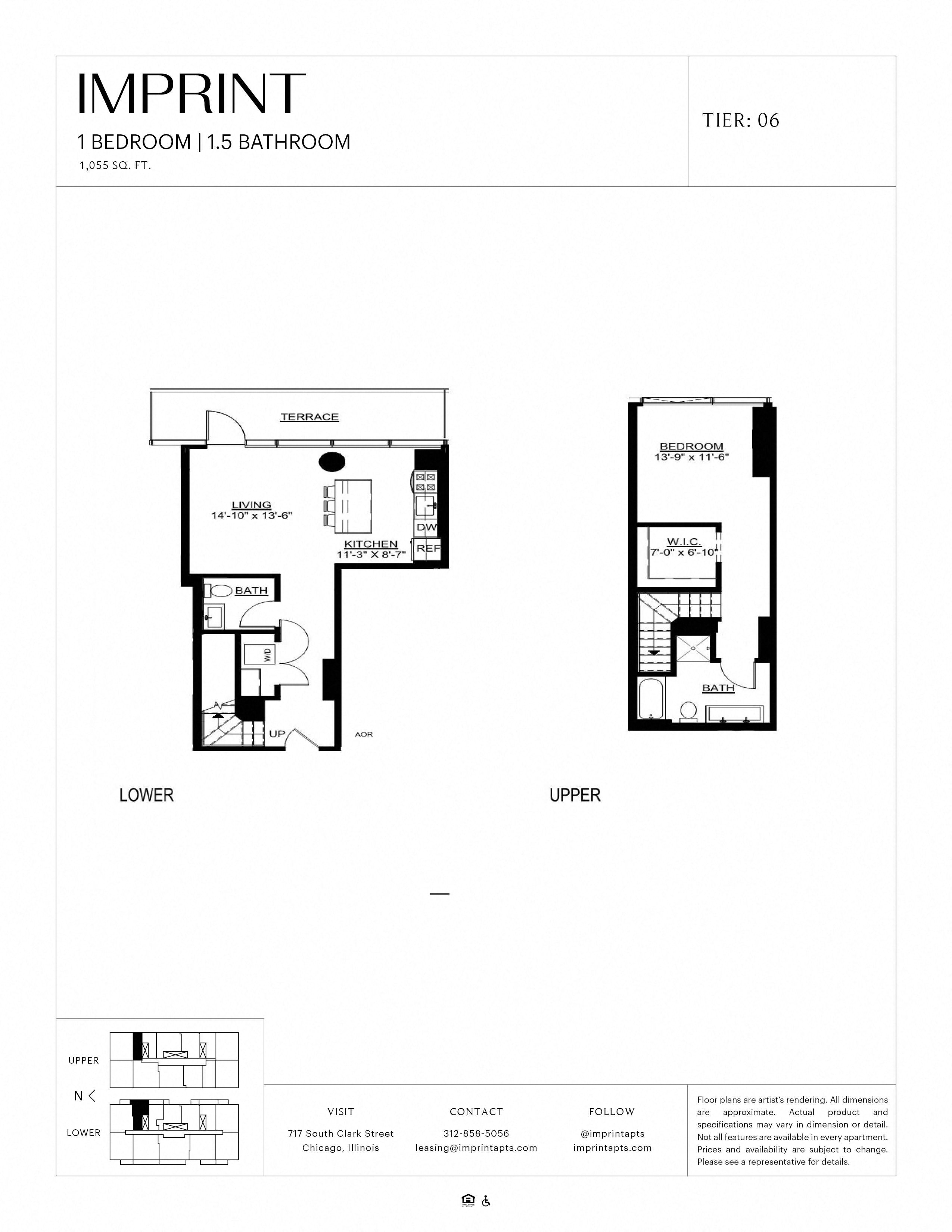 Floor plan for 1 bed, 1.5 baths, 1055 sqft